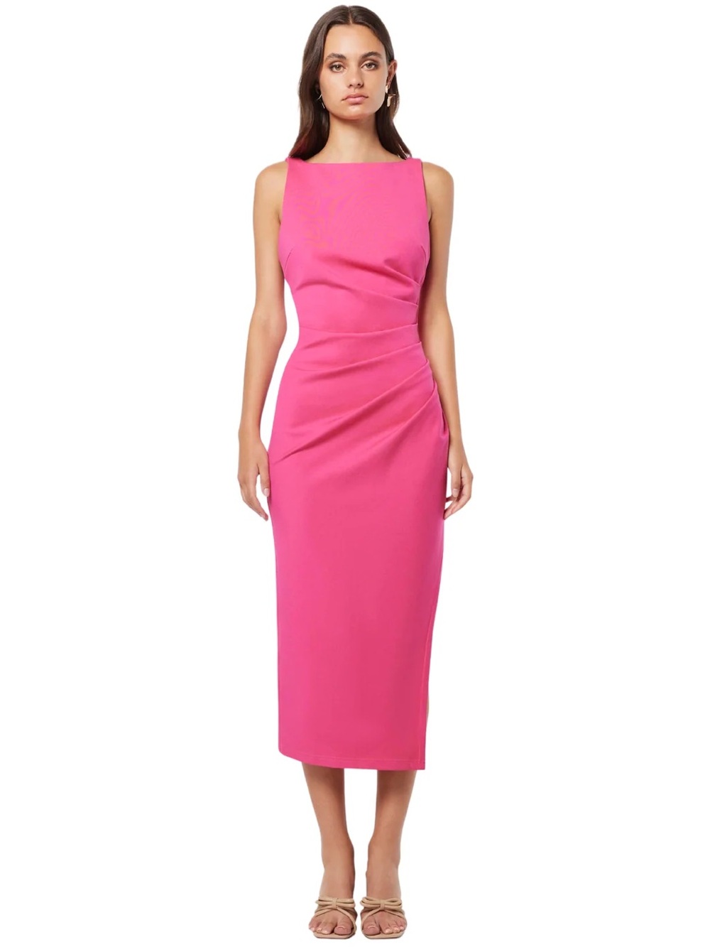 Elliatt Riotous Hot Pink Ruched Low Back Side Slit Wedding Guest Midi Dress
